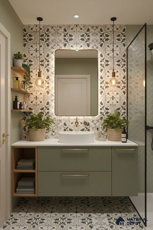 Modern bathroom with sage green laminate vanity, patterned moroccan tiles, and white countertop in Bengaluru | Material Depot