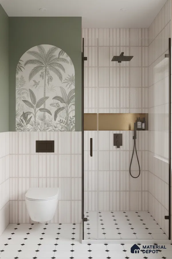 Modern bathroom with sage green paint, tropical arch tile accent, ribbed white wall tiles, and geometric black-and-white floor tiles | Material Depot