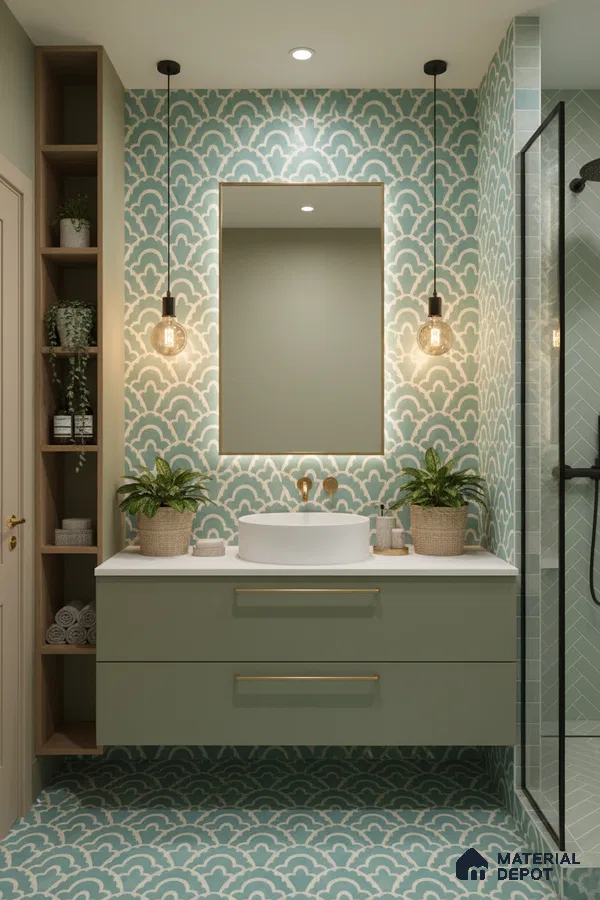 Modern bathroom with sage green patterned tiles, sage green vanity, and white countertop in Bengaluru | Material Depot