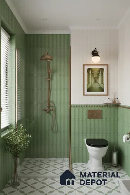Modern bathroom with sage green patterned wall tiles and geometric green and white floor tiles | Material Depot