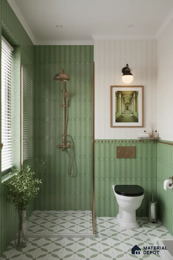 Modern bathroom with sage green patterned wall tiles and geometric green and white floor tiles | Material Depot