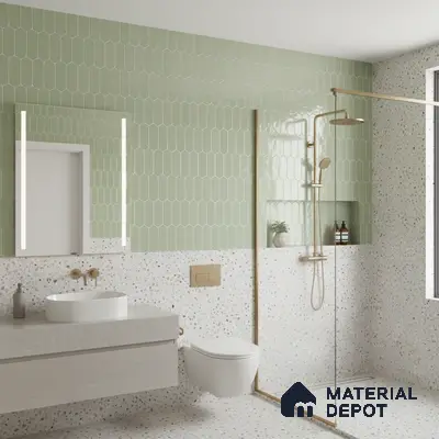 Modern bathroom with sage green picket wall tiles and terrazzo floor and wall tiles | Material Depot