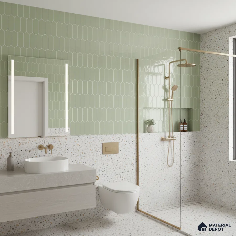 Modern bathroom with sage green picket wall tiles and terrazzo floor and wall tiles | Material Depot