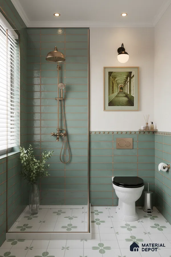 Modern bathroom with sage green subway wall tiles and floral patterned floor tiles | Material Depot