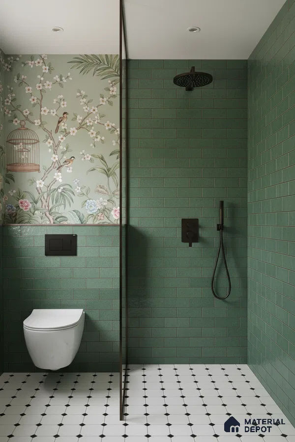 Modern bathroom with sage green kitkat wall tiles, chinoiserie floral wallpaper, and black-and-white geometric floor tiles | Material Depot