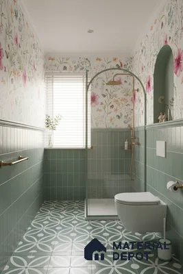Modern bathroom with sage green subway wall tiles, floral wallpaper, and geometric patterned floor tiles in Bengaluru | Material Depot