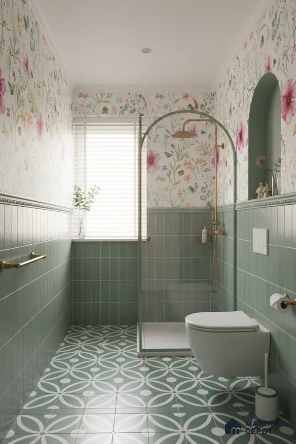 Modern bathroom with sage green subway wall tiles, floral wallpaper, and geometric patterned floor tiles in Bengaluru | Material Depot