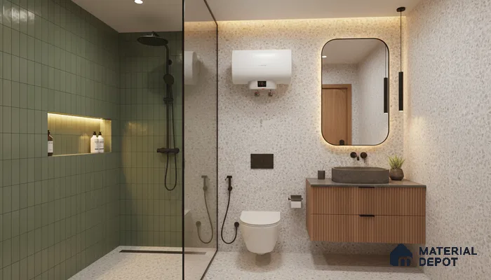 Modern bathroom design with sage green subway wall tiles, terrazzo floor and wall tiles, and fluted wood vanity in Bengaluru | Material Depot