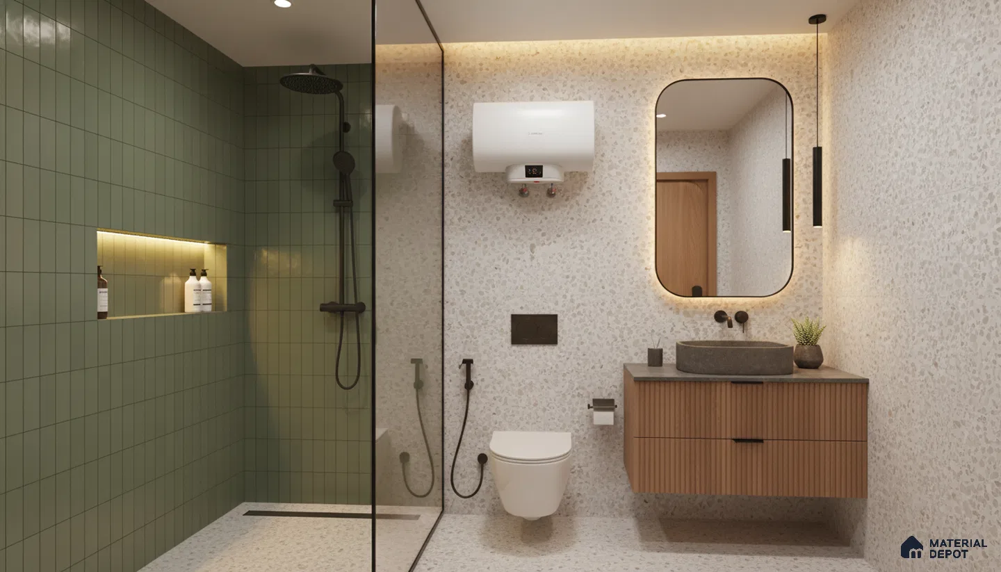 Modern bathroom design with sage green subway wall tiles, terrazzo floor and wall tiles, and fluted wood vanity in Bengaluru | Material Depot