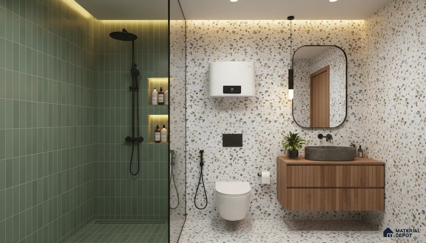 Modern bathroom design with sage green subway wall tiles, terrazzo wall and floor tiles, and wooden floating vanity in Bengaluru | Material Depot