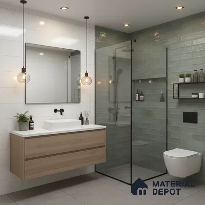 Modern bathroom with sage green subway wall tiles, white wall tiles, and light oak floating vanity | Material Depot