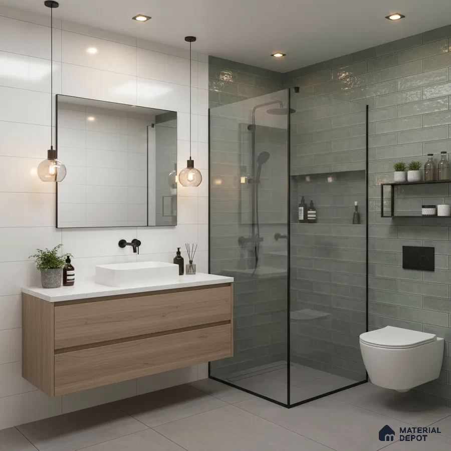 Modern bathroom with sage green subway wall tiles, white wall tiles, and light oak floating vanity | Material Depot