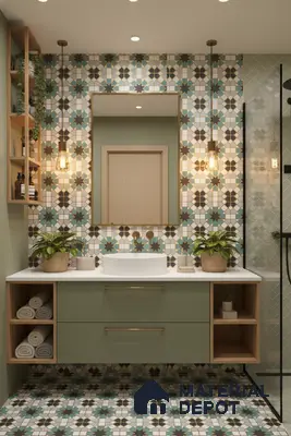 Modern bathroom with sage green vanity, geometric moroccan patterned tiles, and white countertop in Bengaluru | Material Depot
