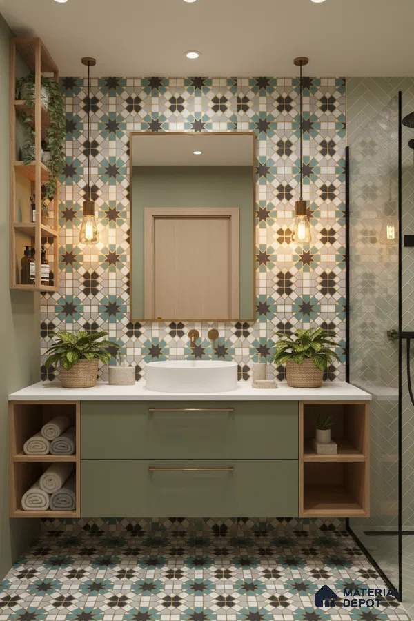 Modern bathroom with sage green vanity, geometric moroccan patterned tiles, and white countertop in Bengaluru | Material Depot