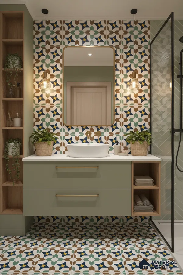 Modern bathroom with sage green vanity, geometric moroccan tiles, and white countertop in Bengaluru | Material Depot