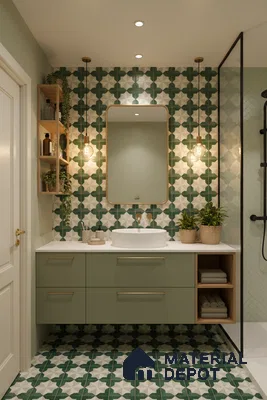 Modern bathroom with sage green vanity, geometric patterned green and white tiles, and white quartz countertop in Bengaluru | Material Depot