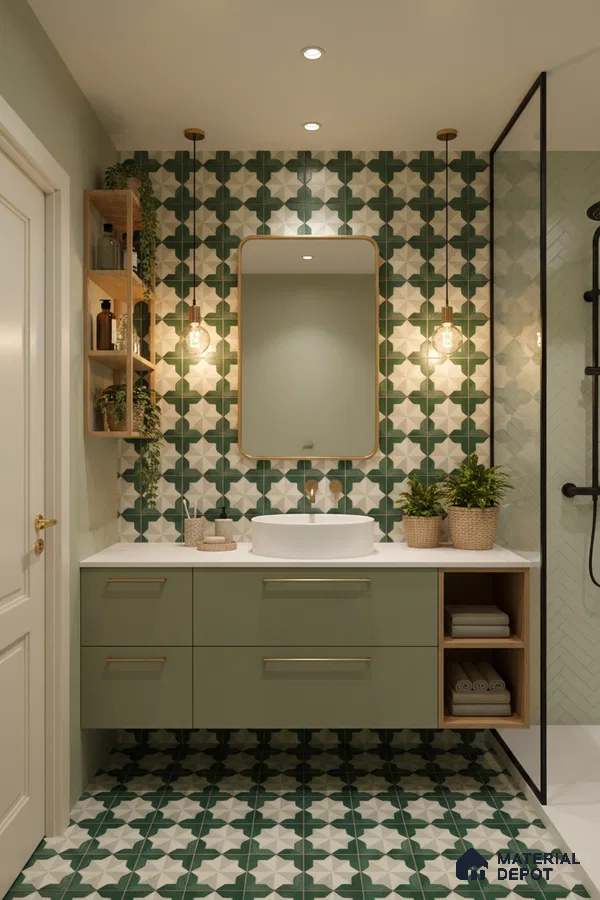 Modern bathroom with sage green vanity, geometric patterned green and white tiles, and white quartz countertop in Bengaluru | Material Depot