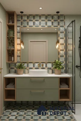 Modern bathroom with sage green vanity, geometric patterned tiles, and white countertop in Bengaluru | Material Depot