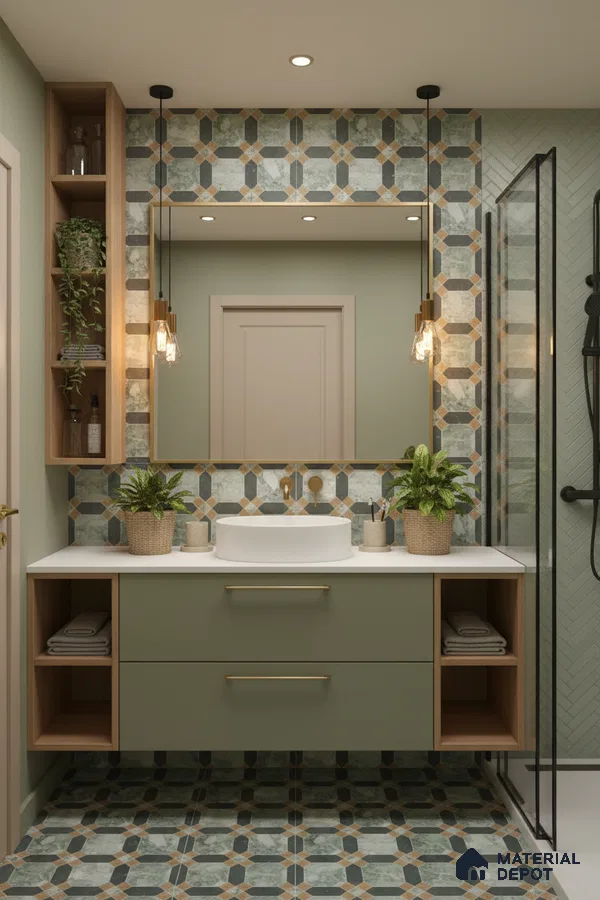 Modern bathroom with sage green vanity, geometric patterned tiles, and white countertop in Bengaluru | Material Depot