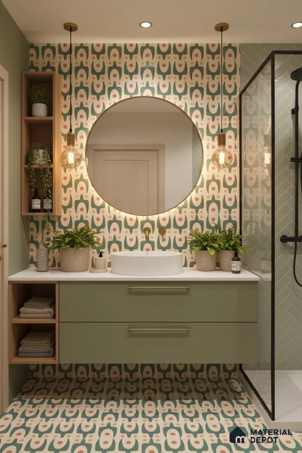 Modern bathroom with sage green vanity, geometric patterned tiles, and white countertop in Bengaluru | Material Depot