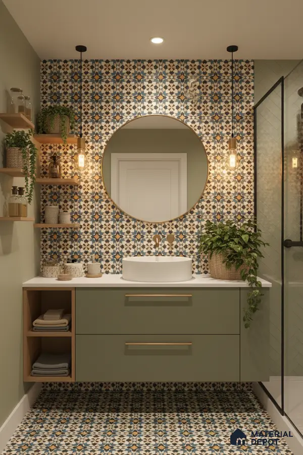 Modern bathroom with sage green vanity, moroccan patterned tiles, and white countertop in Bengaluru | Material Depot