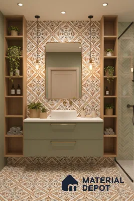 Modern bathroom with sage green vanity, patterned moroccan tiles, and oak open shelving in Bengaluru | Material Depot