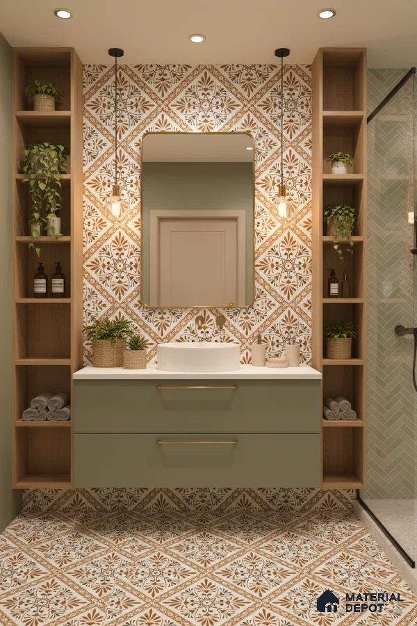 Modern bathroom with sage green vanity, patterned moroccan tiles, and oak open shelving in Bengaluru | Material Depot