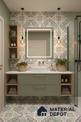 Modern bathroom with sage green vanity, patterned moroccan tiles, and white countertop in Bengaluru | Material Depot