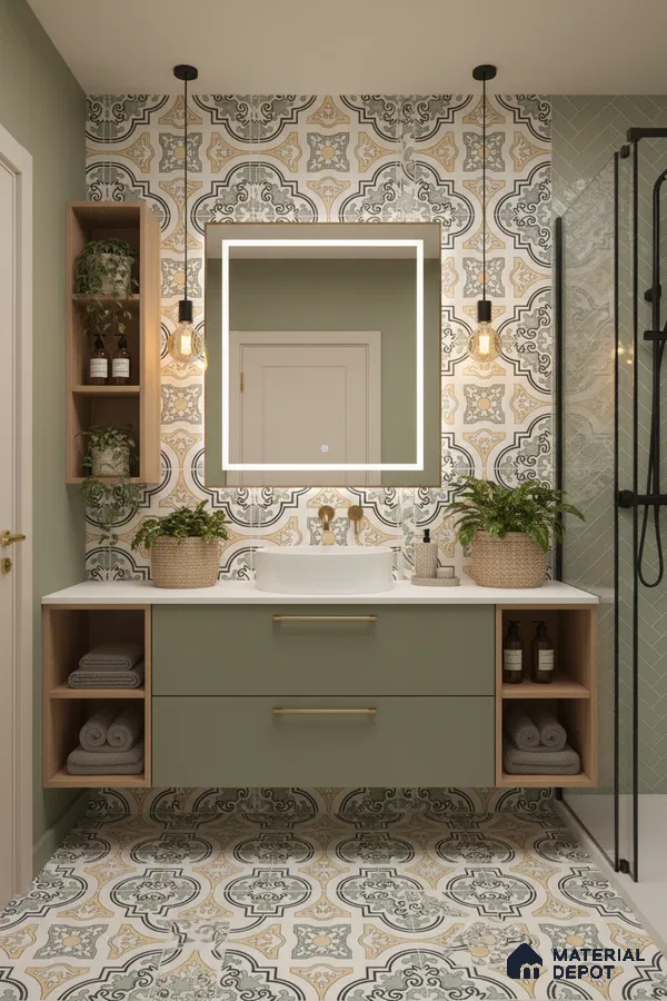 Modern bathroom with sage green vanity, patterned moroccan tiles, and white countertop in Bengaluru | Material Depot
