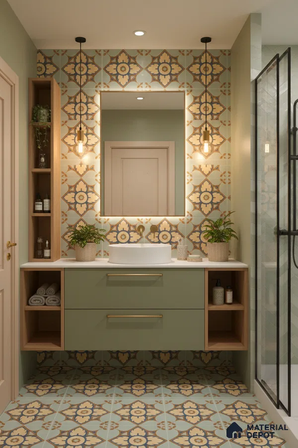 Modern bathroom with sage green vanity, patterned moroccan tiles, and white countertop in Bengaluru | Material Depot