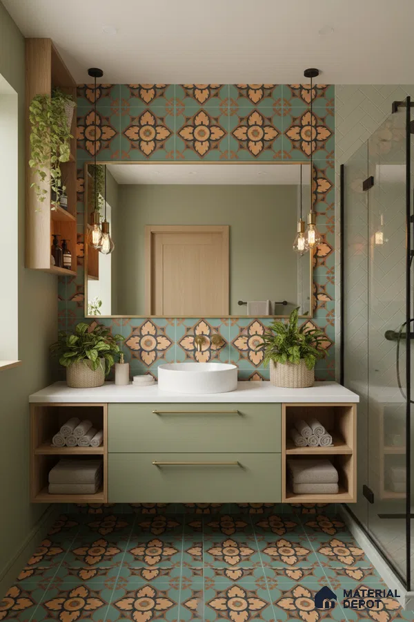 Modern bathroom with sage green vanity, patterned moroccan tiles, and white countertop in Bengaluru | Material Depot