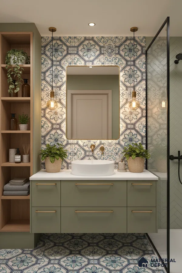 Modern bathroom with sage green vanity, white countertop, and blue floral patterned moroccan tiles in Bengaluru | Material Depot