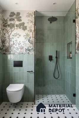 Modern bathroom with sage green vertical subway wall tiles, chinoiserie wallpaper, and black-and-white geometric floor tiles | Material Depot