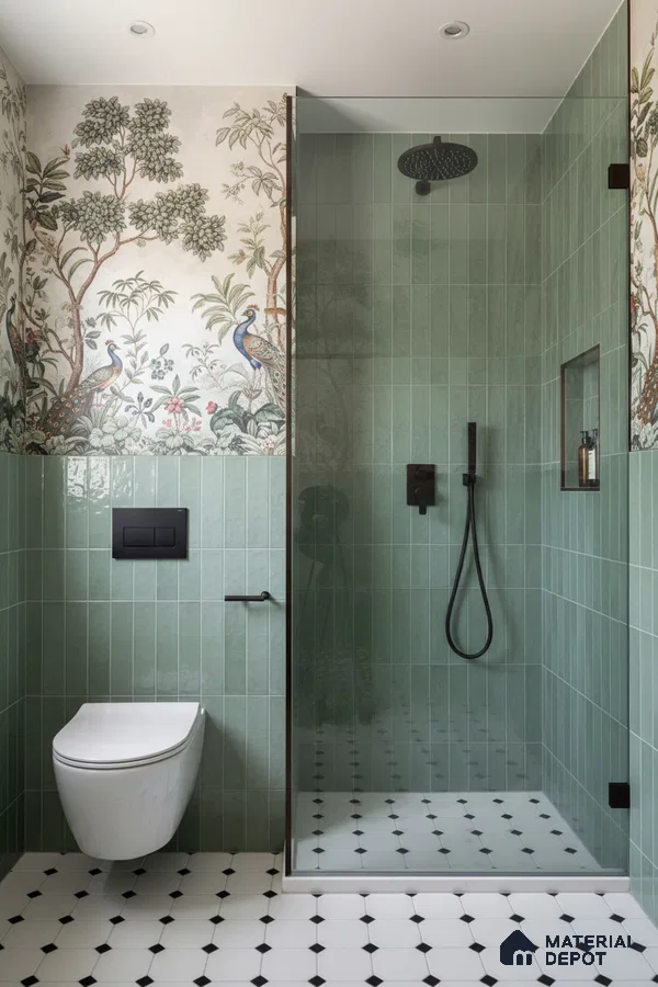 Modern bathroom with sage green vertical subway wall tiles, chinoiserie wallpaper, and black-and-white geometric floor tiles | Material Depot