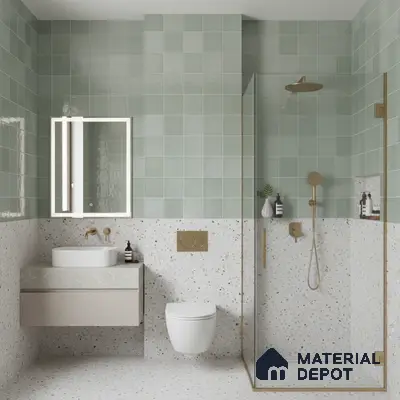 Modern bathroom with sage green wall tiles and terrazzo floor and wall tiles | Material Depot