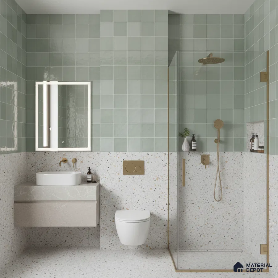 Modern bathroom with sage green wall tiles and terrazzo floor and wall tiles | Material Depot