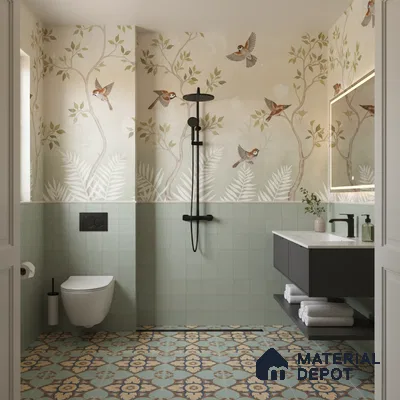 Modern bathroom with sage green wall tiles, bird and foliage wallpaper, and patterned geometric floor tiles in Bengaluru | Material Depot