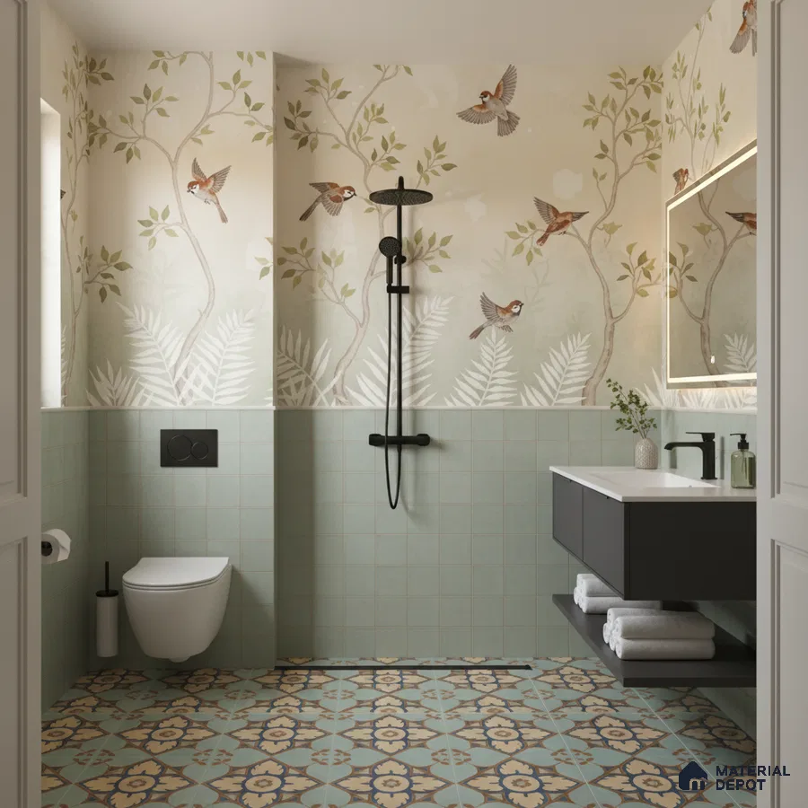 Modern bathroom with sage green wall tiles, bird and foliage wallpaper, and patterned geometric floor tiles in Bengaluru | Material Depot