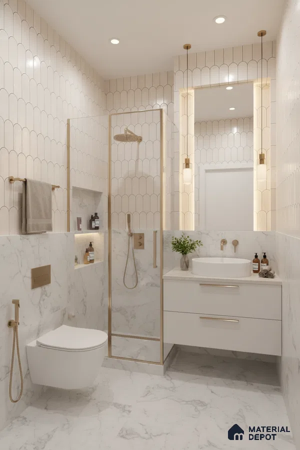 Modern bathroom with scallop wall tiles, white marble-look floor and wall tiles, and gold accents | Material Depot