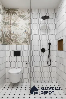 Modern bathroom with scallop white wall tiles, black grout, and nature-themed wallpaper accent | Material Depot