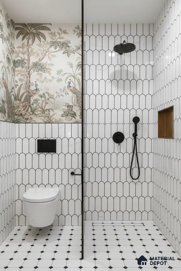 Modern bathroom with scallop white wall tiles, black grout, and nature-themed wallpaper accent | Material Depot