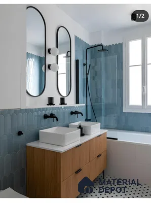 Modern Bathroom Design with Scalloped Blue Tile and Double Vanity Arvind Bel Air Yelahanka | Material Depot