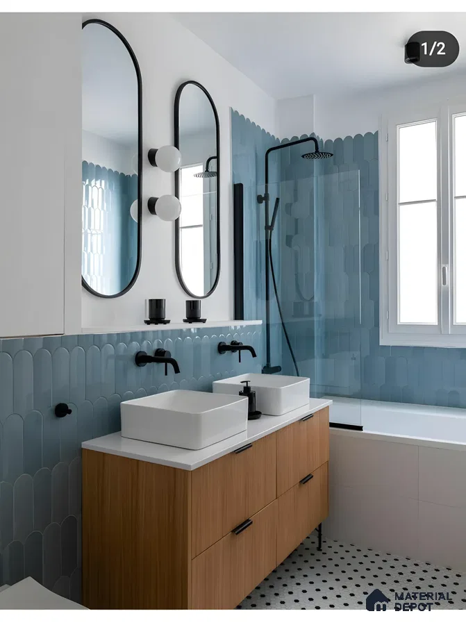 Modern Bathroom Design with Scalloped Blue Tile and Double Vanity Arvind Bel Air Yelahanka | Material Depot
