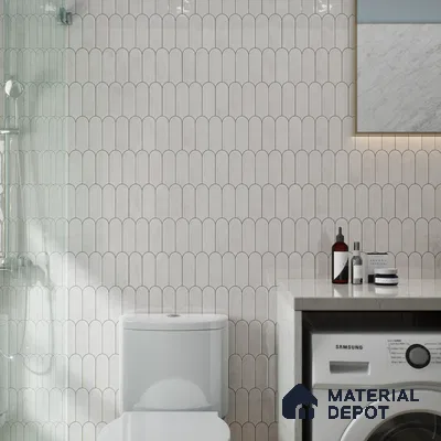 Modern Bathroom with Scalloped Tile and Laundry Area | Material Depot