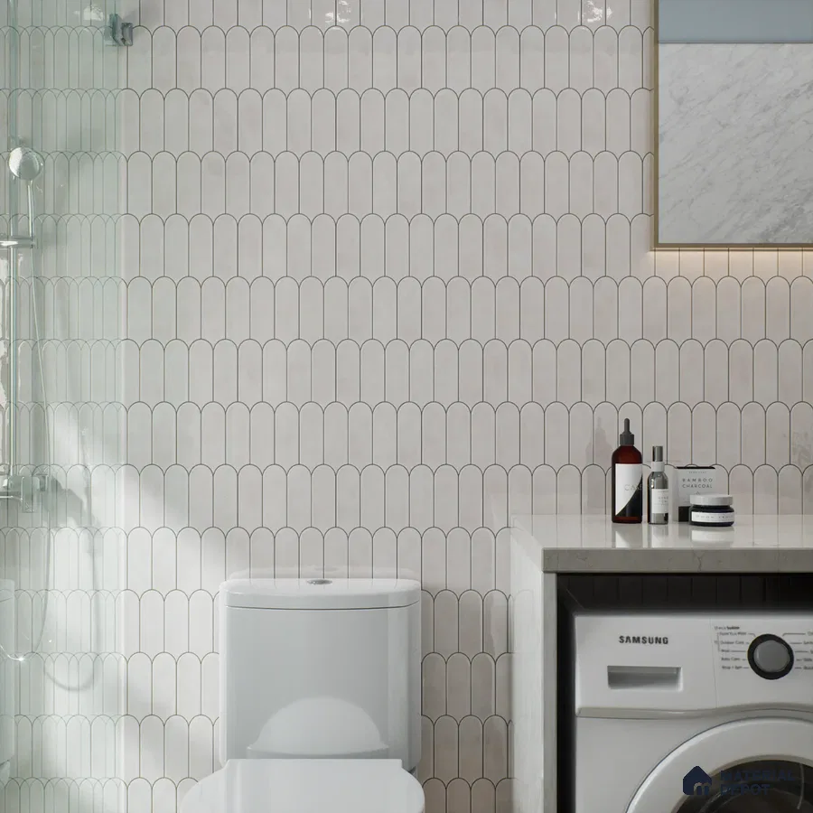 Modern Bathroom with Scalloped Tile and Laundry Area | Material Depot