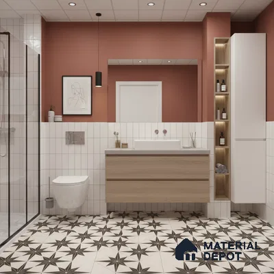 Modern bathroom with star-patterned black-and-white floor tiles, vertical white subway wall tiles, and light oak floating vanity | Material Depot