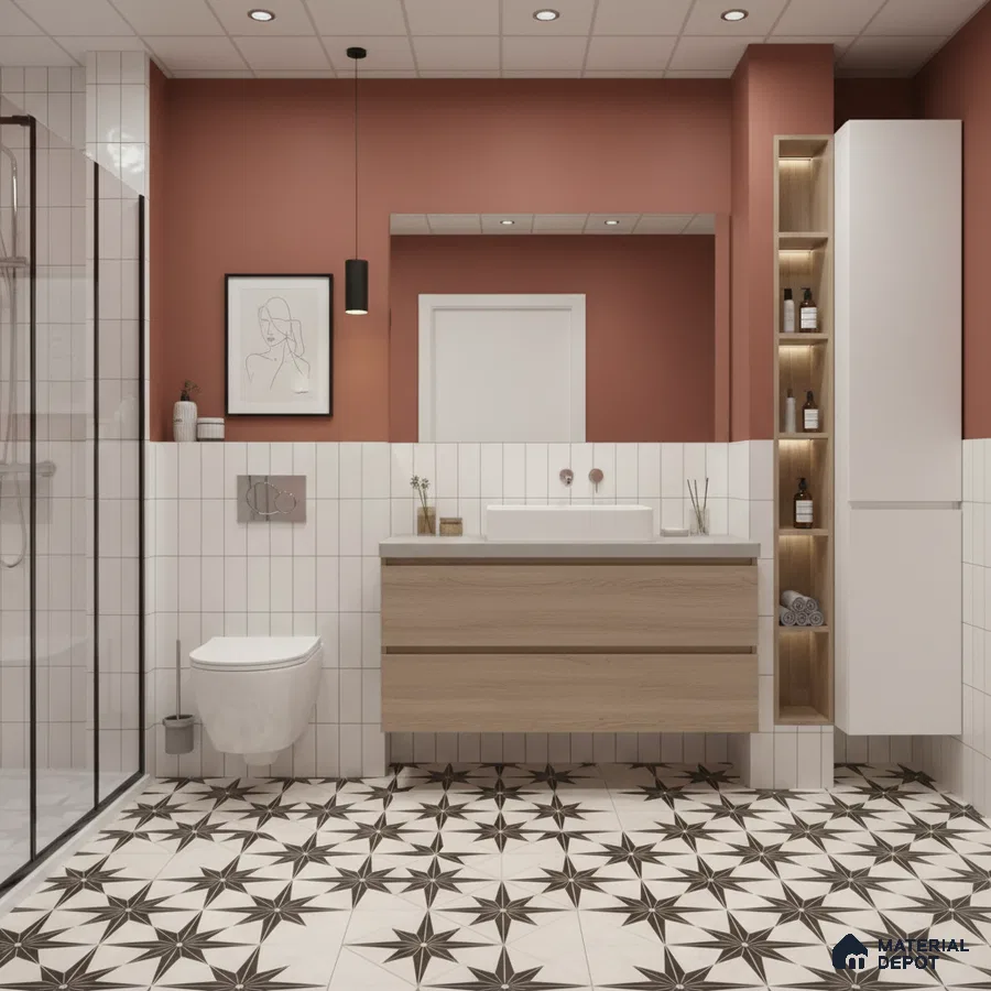 Modern bathroom with star-patterned black-and-white floor tiles, vertical white subway wall tiles, and light oak floating vanity | Material Depot