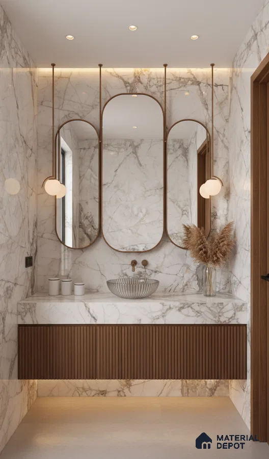 Modern bathroom with statuario marble wall tiles and fluted walnut brown vanity laminate | Material Depot