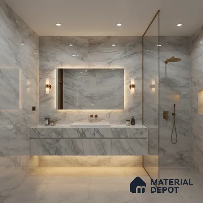 Modern bathroom with statuario marble-look tiles and floating vanity | Material Depot