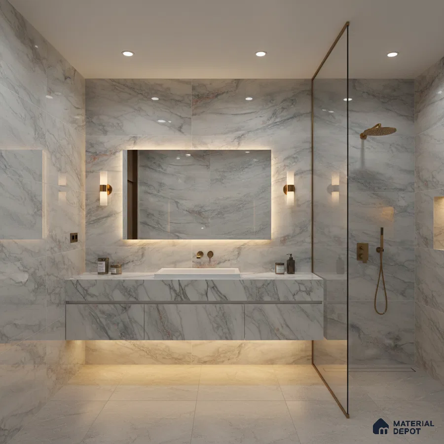 Modern bathroom with statuario marble-look tiles and floating vanity | Material Depot